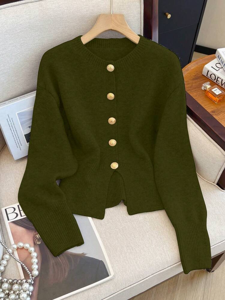 1pc Autumn/Winter Solid Color Single-Breasted Minimalist Grey Cardigan Design, Short Length Front... | SHEIN