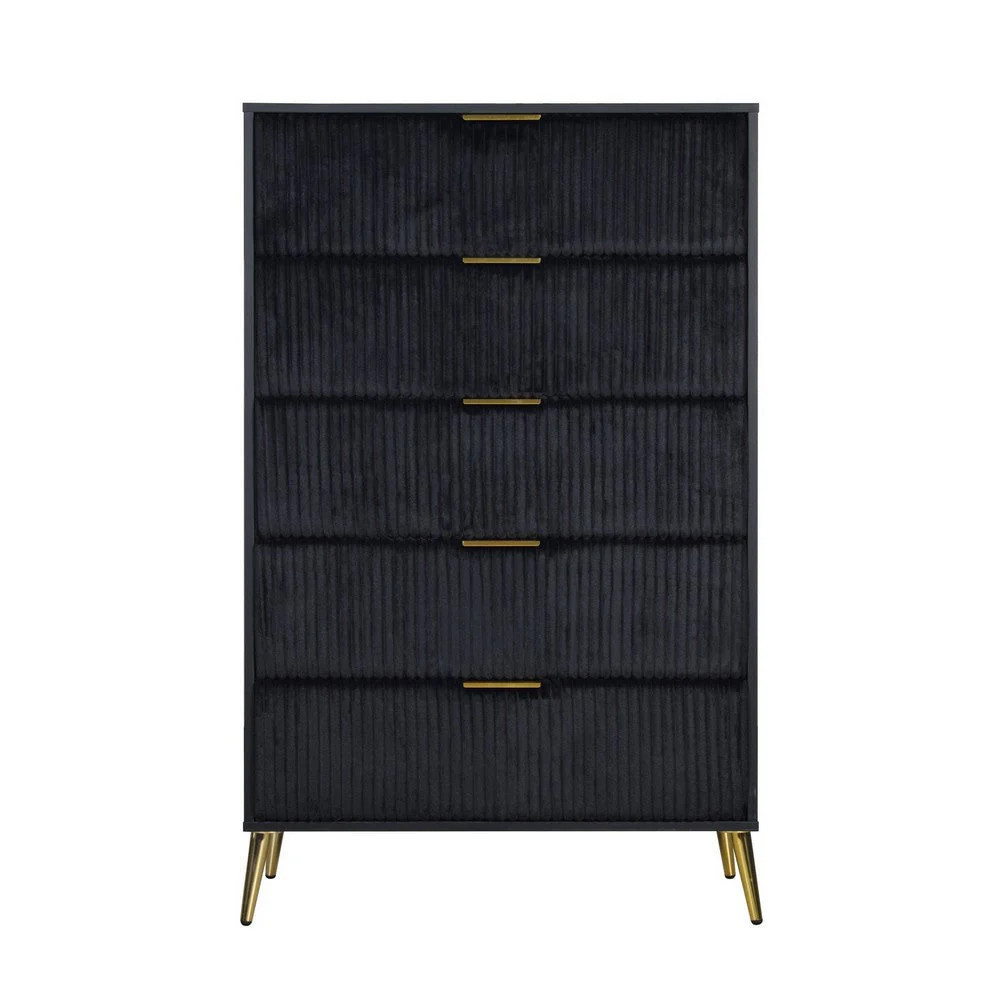 Moko 51 Inch Tall Dresser, 5 Soft Upholstered Drawers, Black, Gold | Shop Simon