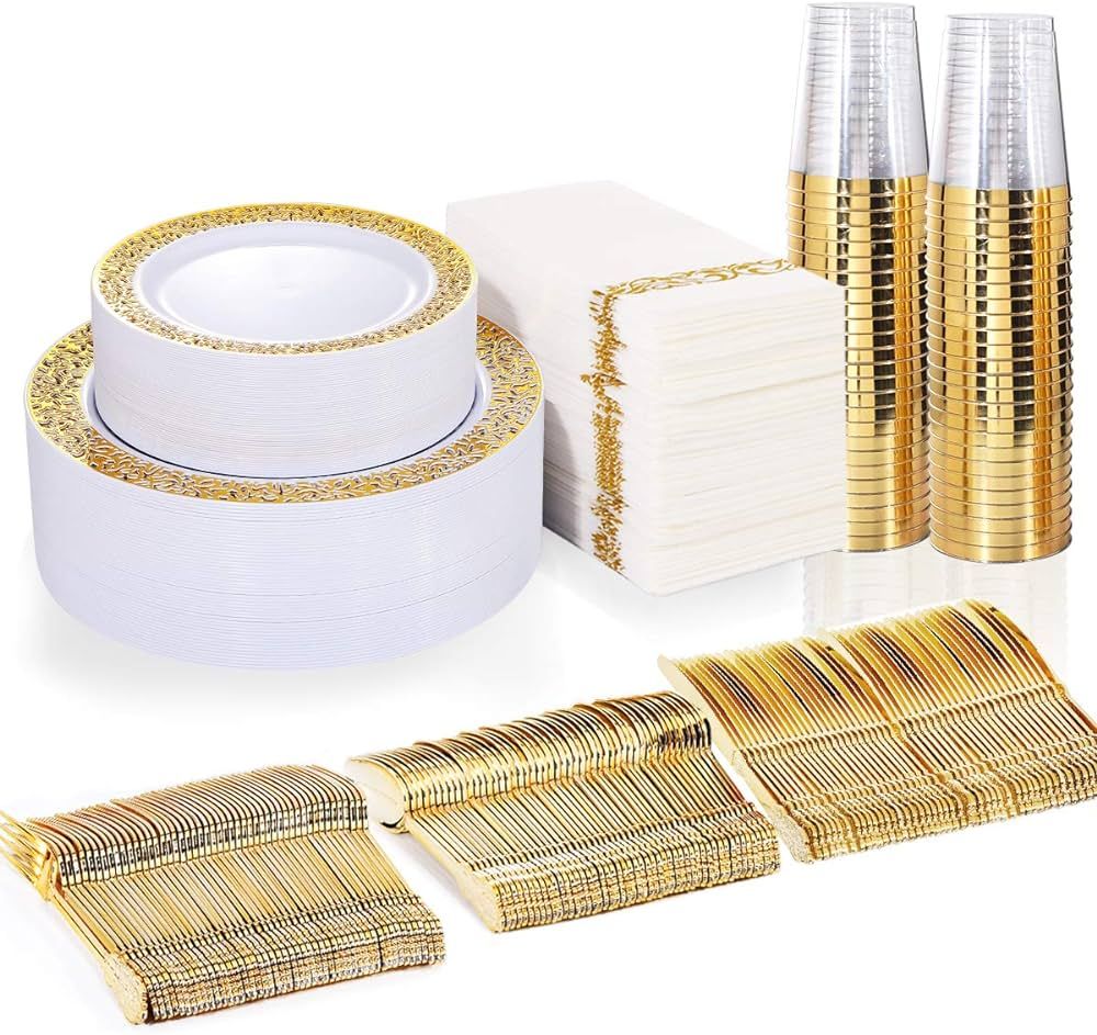 BUCLA 350PCS Gold Plastic Plates with Disposable Plastic Silverware& Napkins, Gold Plastic Dinner... | Amazon (US)