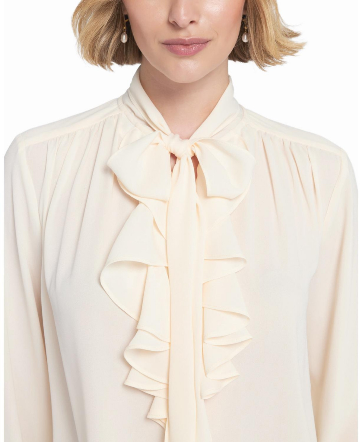 Elle Collection Women's Flounce-Trimmed Tie-Neck Blouse Top - White | Macy's