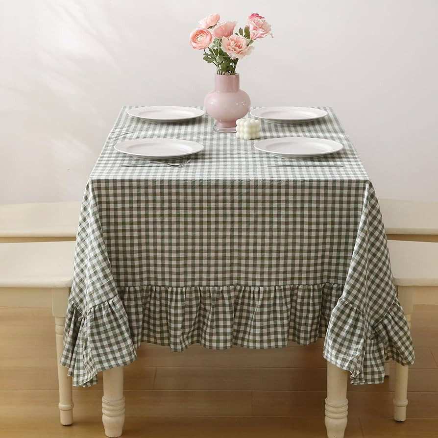Sage Green Plaid Ruffled Long Table Cloth Rectangular Fits 8-10 Seater Table, 100% Washed Cotton ... | Amazon (US)
