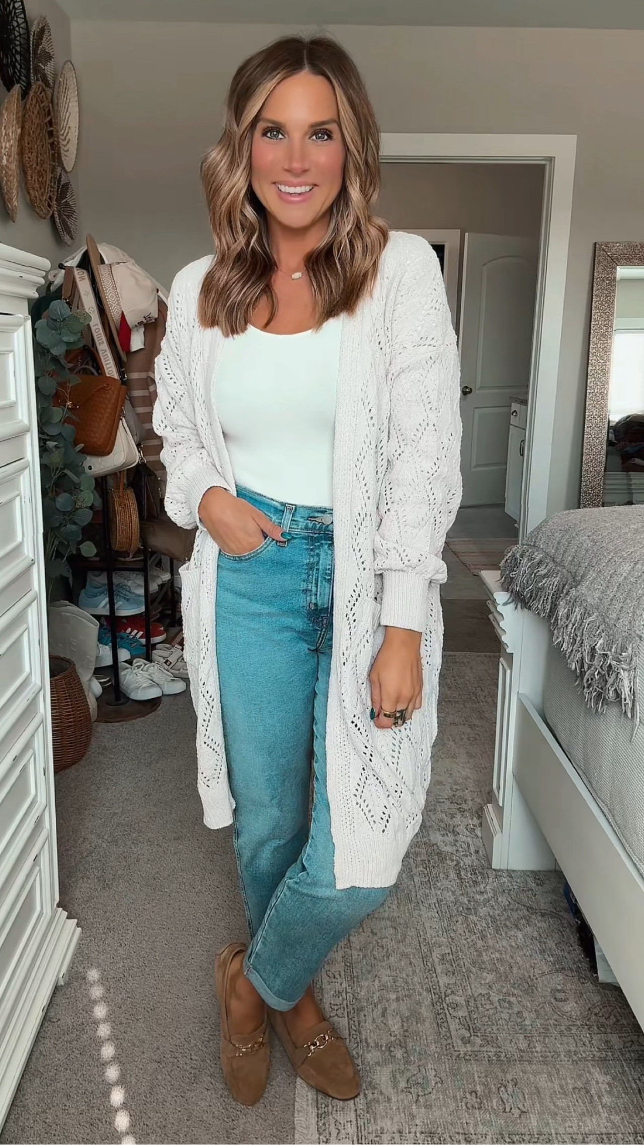 Casual, comfy AND stylish from Walmart! This casual mom outfit is so cute for fall. Easy to mix and match and layer throughout the season. This cardigan duster is great quality and the perfect length! The white long sleeve bodysuit and straight jeans are also from Walmart!

#LTKMidsize #LTKFindsUnder50 #LTKSeasonal
