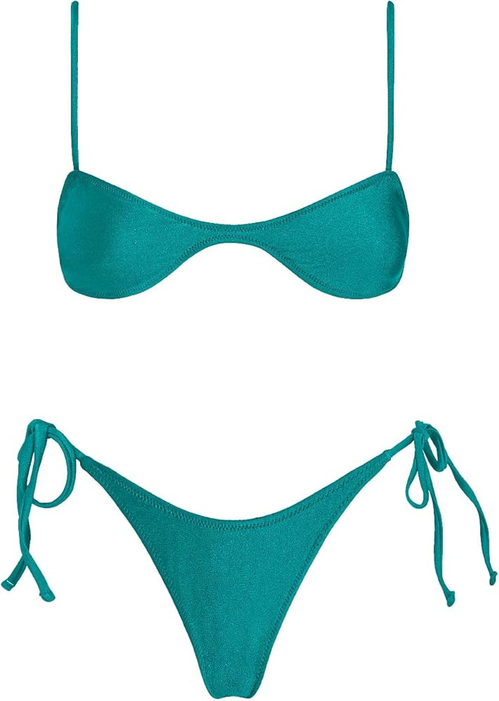 VOLAFA Women's Triangle Bikini Sets Tie Sexy Thong Solid Cheeky Swimsuit Brazillian Two Piece Bat... | Amazon (US)