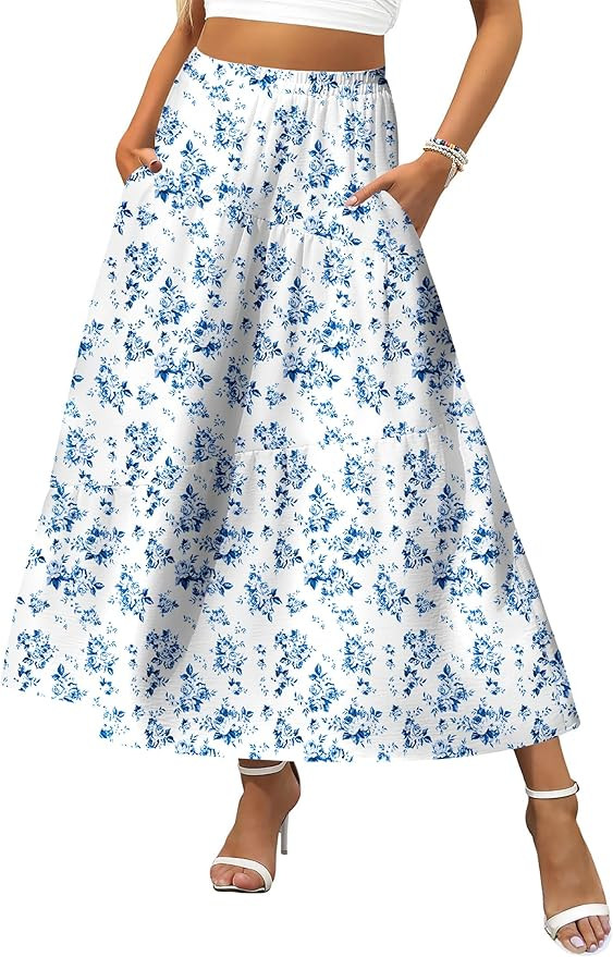 Zeagoo Women's Midi Summer 2025 Boho Elastic High Waist A-Line Flowy Swing Asymmetric Tiered Skir... | Amazon (US)