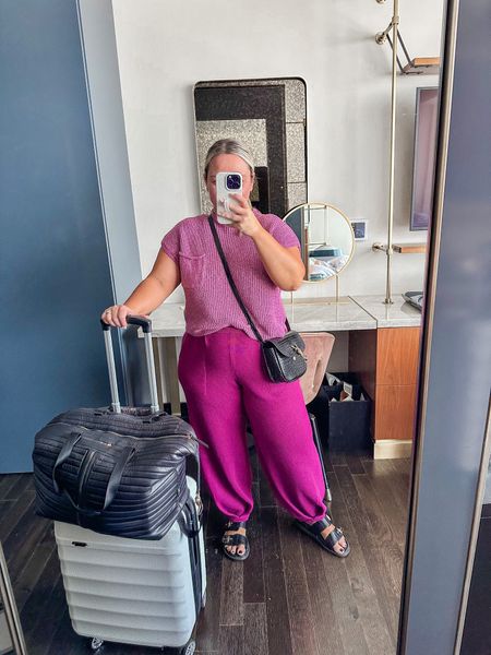 Travel outfit! 
Wearing size medium in the set! I have it in 3 colors! The fit and quality and top notch! 
Suitcase set also linked! 

#LTKtravel #LTKCon #LTKmidsize