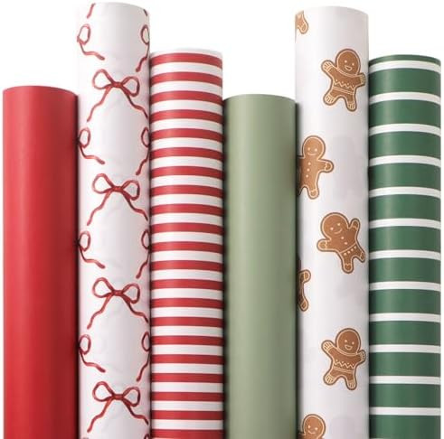 Ribbli Christmas Wrapping Paper Vintage Matte Wrapping Paper with Gingerbread Man/Bows/Red Stripe... | Amazon (US)