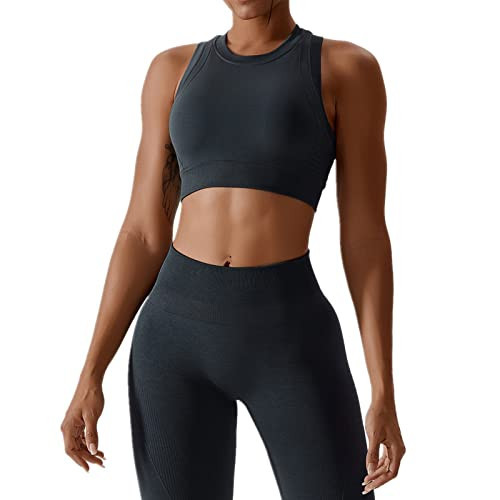 ABOCIW Workout Sets for Women, High Impact Racerback Sports Bra Crop Tops and Seamless Tummy Control High Waist Leggings 2 Piece Gym Yoga Outfits Dark Gray Large | Amazon (US)