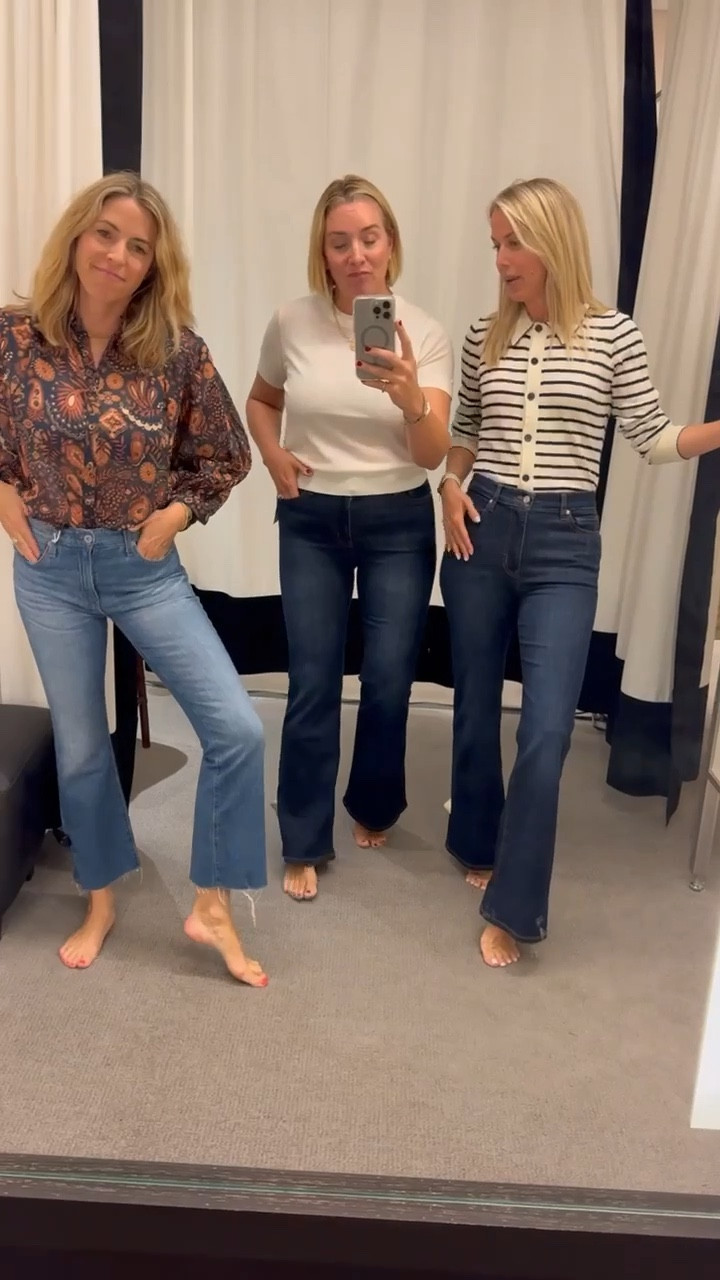 3 top to bottom looks with “elevated jeans.” Allison and Gretchen (middle and right) loved these dark, bootcut jeans for an elevated look this Fall and Winter. Needs a boot or heel and will really elongate the legs. Pair with any top but we loved these! Both are in their true sizes. 

Laura (left) is in the AG jeans and a fun, Fall too by Mother. The top is a great “wear everywhere”
Blouse for this new season. It’s quite billowy, so take your true size. 

#LTKOver40 #LTKVideo #LTKStyleTip