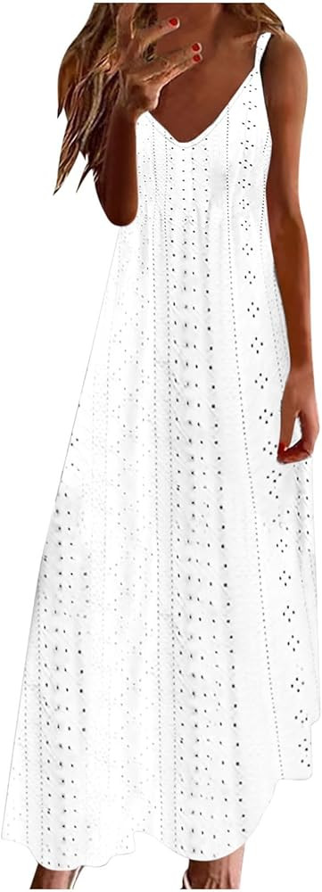 Eyelet Dress for Women Casual Summer Dresses Sleeveless V Neck Smocked Midi Dresses for Women 202... | Amazon (US)