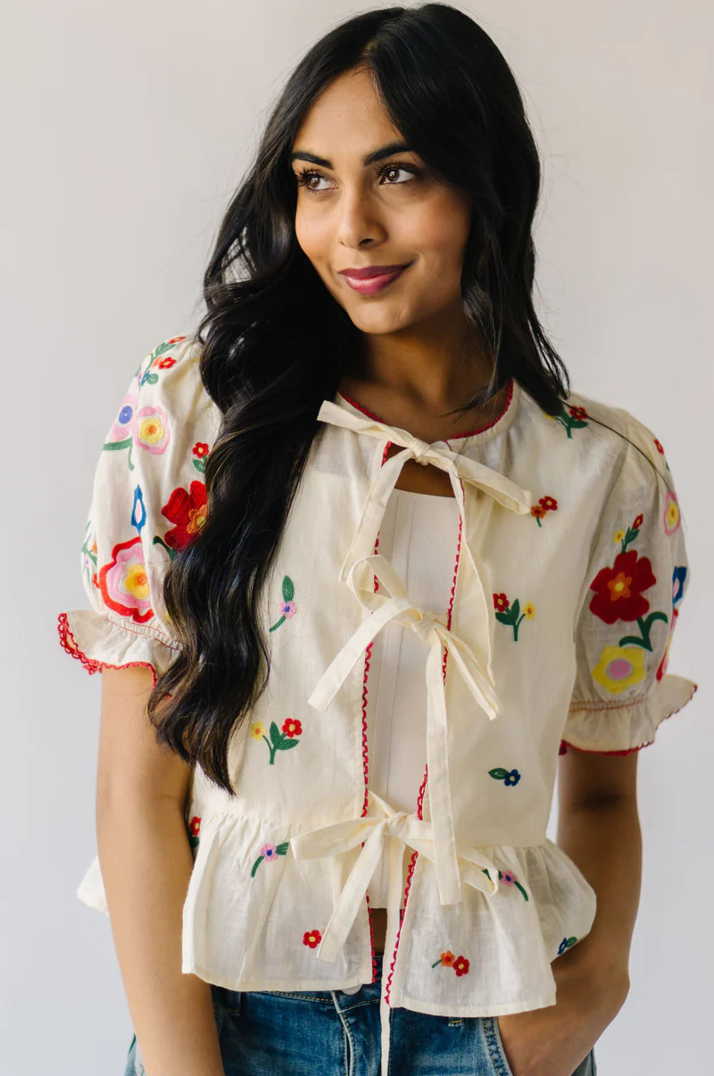 The Maura Embroidered Tie Front Blouse in Cream | Piper & Scoot
