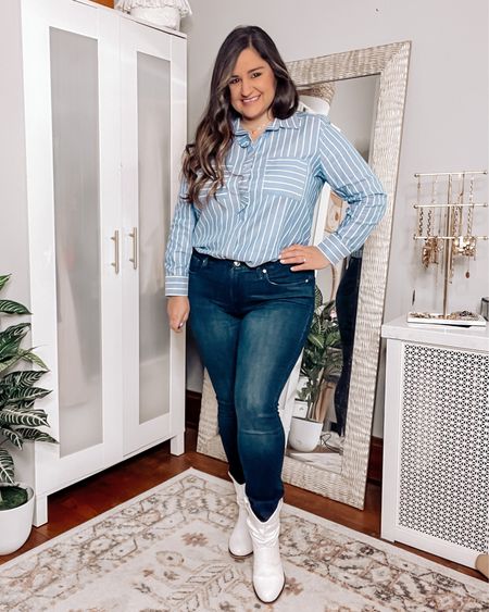 Wearing an L in the striped button up 
Wearing a 12 in the dark jeans
White cowgirl boots tts

Workwear, work style, loft outfits, casual work outfit, good American jeans 

#LTKcurves #LTKworkwear