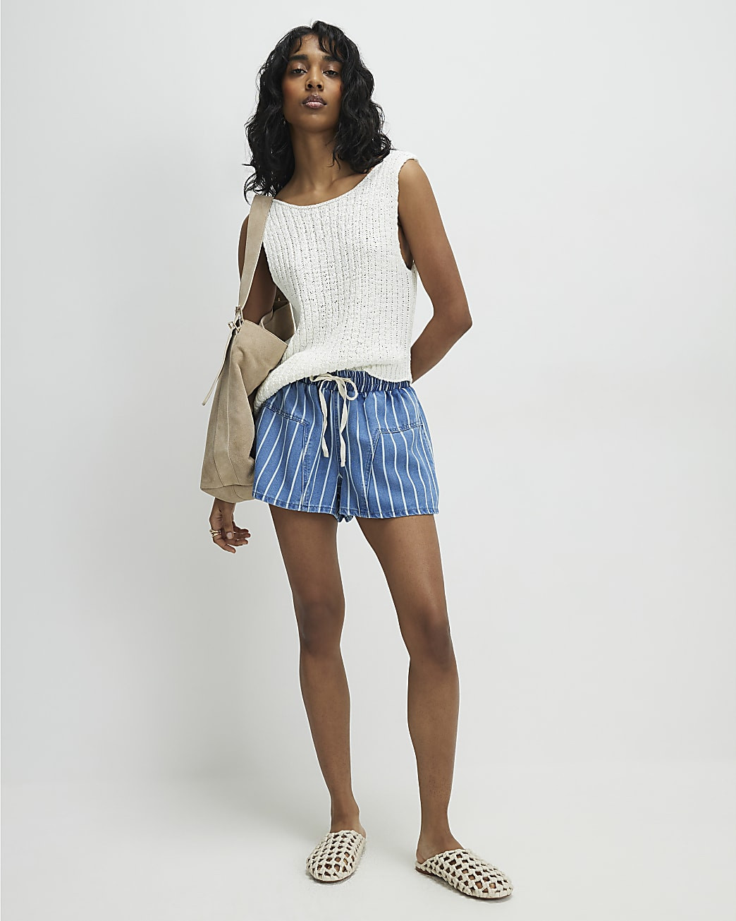 Blue Striped Denim Shorts | River Island UK & IE