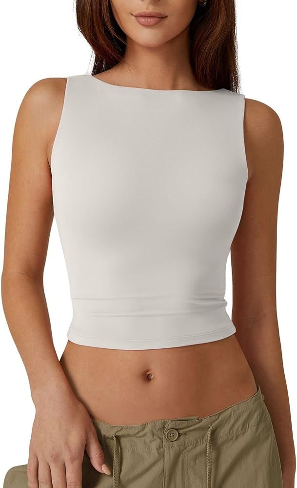 QINSEN Women's Sexy Open Back Sleeveless Crop Tank High Neck Slim Fit Cropped Tee Shirt Y2k Tops | Amazon (US)