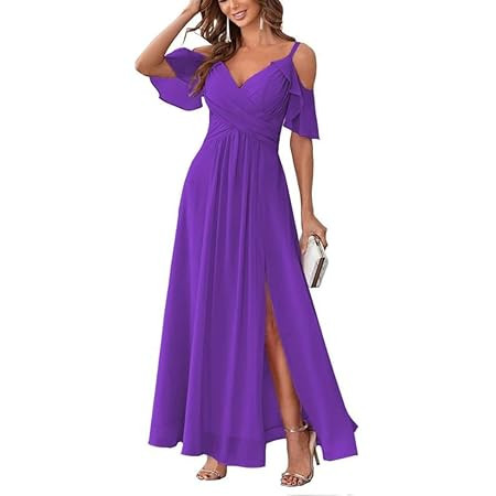 Cold Shoulder Chiffon Bridesmaid Dresses for Women 2025 Long with Slit Pleated Formal Evening Dre... | Amazon (US)
