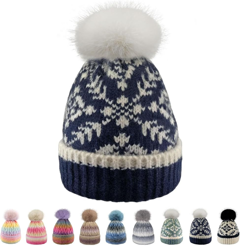 Women's Winter Beanie Hat -Cashmere Inner Layer Chunky Knit Pom-Pom Stocking Cap for Women Cold W... | Amazon (US)
