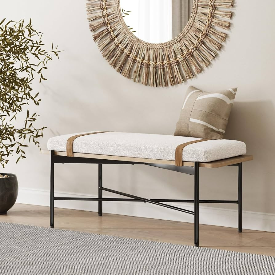 Nathan James Thatcher Upholstered Entryway Bench with Removable Boucle Cushion, Vegan Leather Str... | Amazon (US)