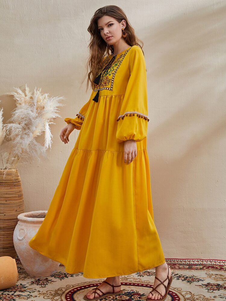 SHEIN Floral Embroidery Tie Neck Lantern Sleeve Dress | SHEIN