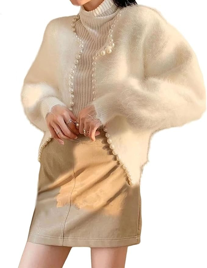 Cardigan Sweater for Women Solid Knit Outerwear Top Open Front Pearl with Trim Beading Plush Long... | Amazon (US)