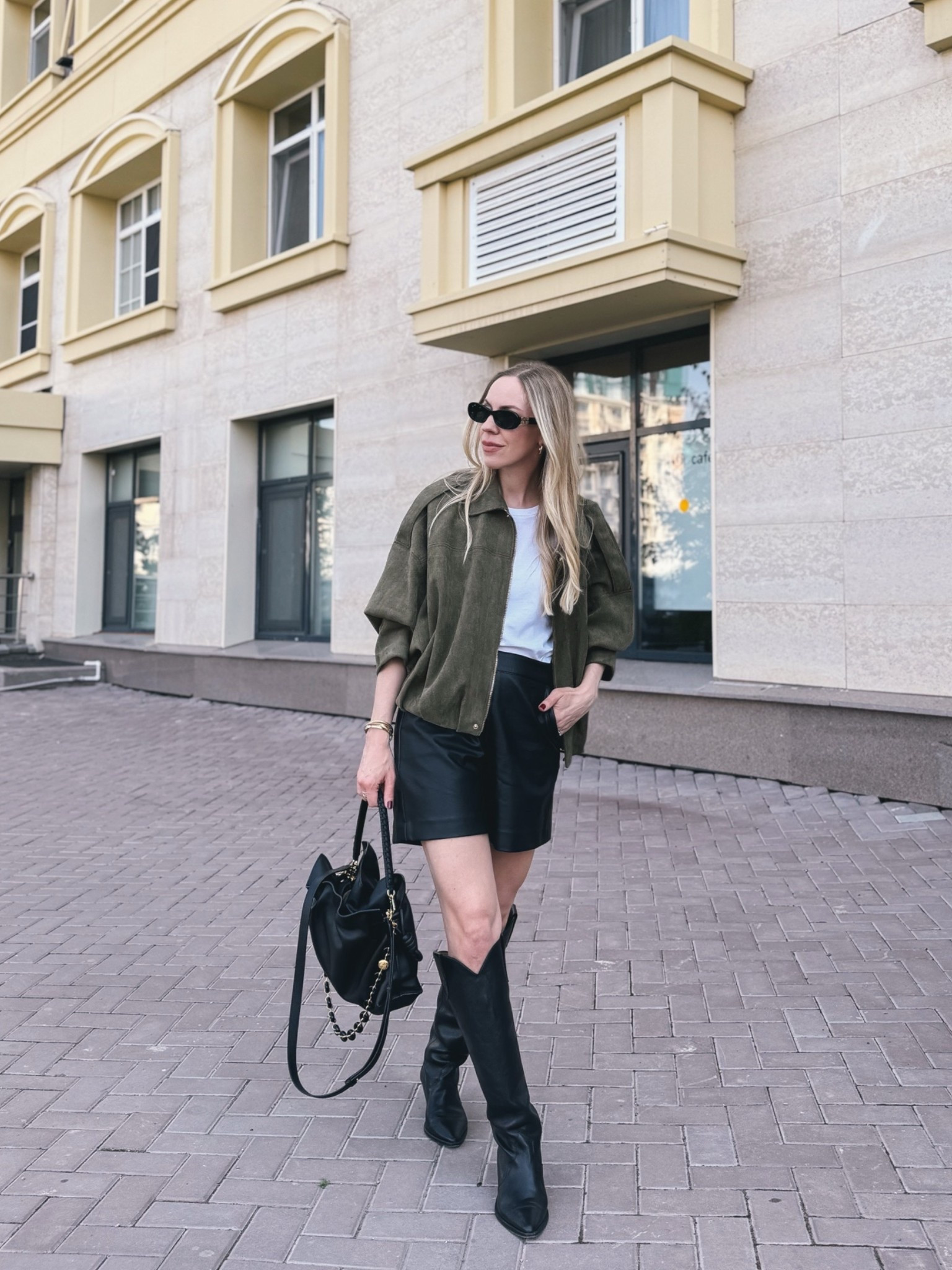 Early fall outfit, olive green faux suede jacket, leather shorts, cowboy boots

#LTKSeasonal #LTKOver40 #LTKNYFW