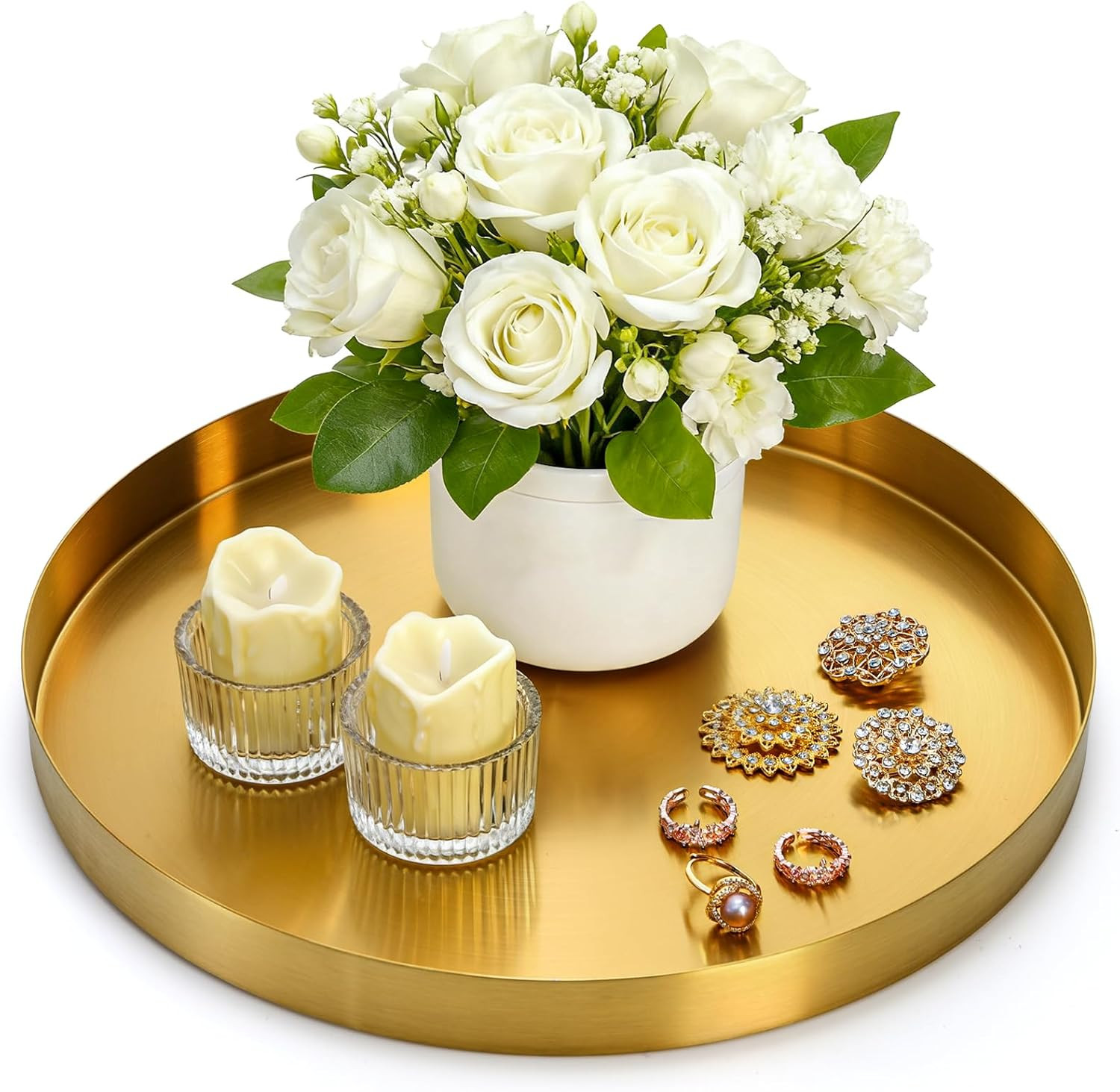 Jucoan 12 Inch Round Gold Tray, Decorative Dresser Vanity Tray Makeup Organizer for Jewelry Perfume Candle, Stainless Steel Metal Serving Platter Coffee Table Tray for Home Kitchen Bar | Amazon (US)