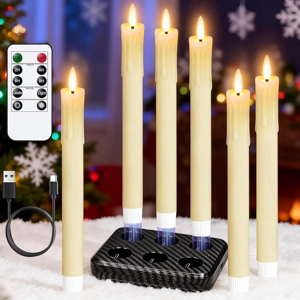Rechargeable Flameless Taper Candles with Charging Station & Remote Timer, 6 Pcs Real Wax LED Tap... | Amazon (US)