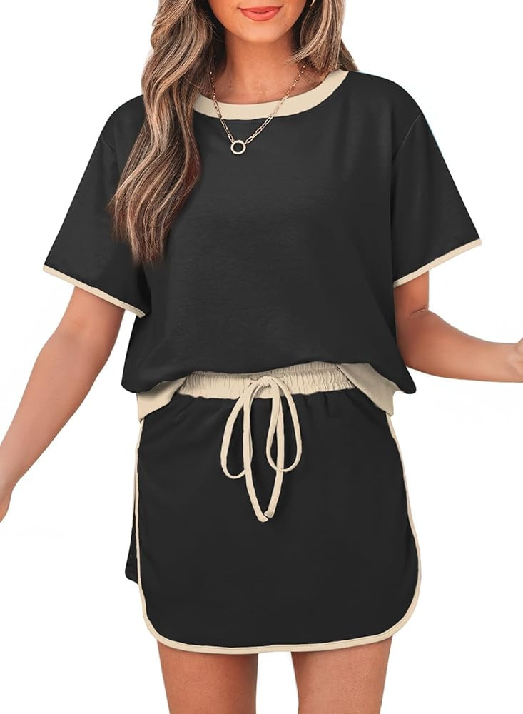 Womens 2 Piece Skort Set 2026 Color Block Short Sleeve Top Drawstring Skort Matching Sets Casual ... | Amazon (US)