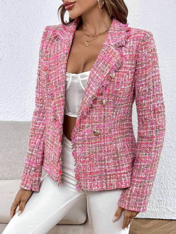 SHEIN Privé Plaid Pattern Double Breasted Tweed Overcoat | SHEIN