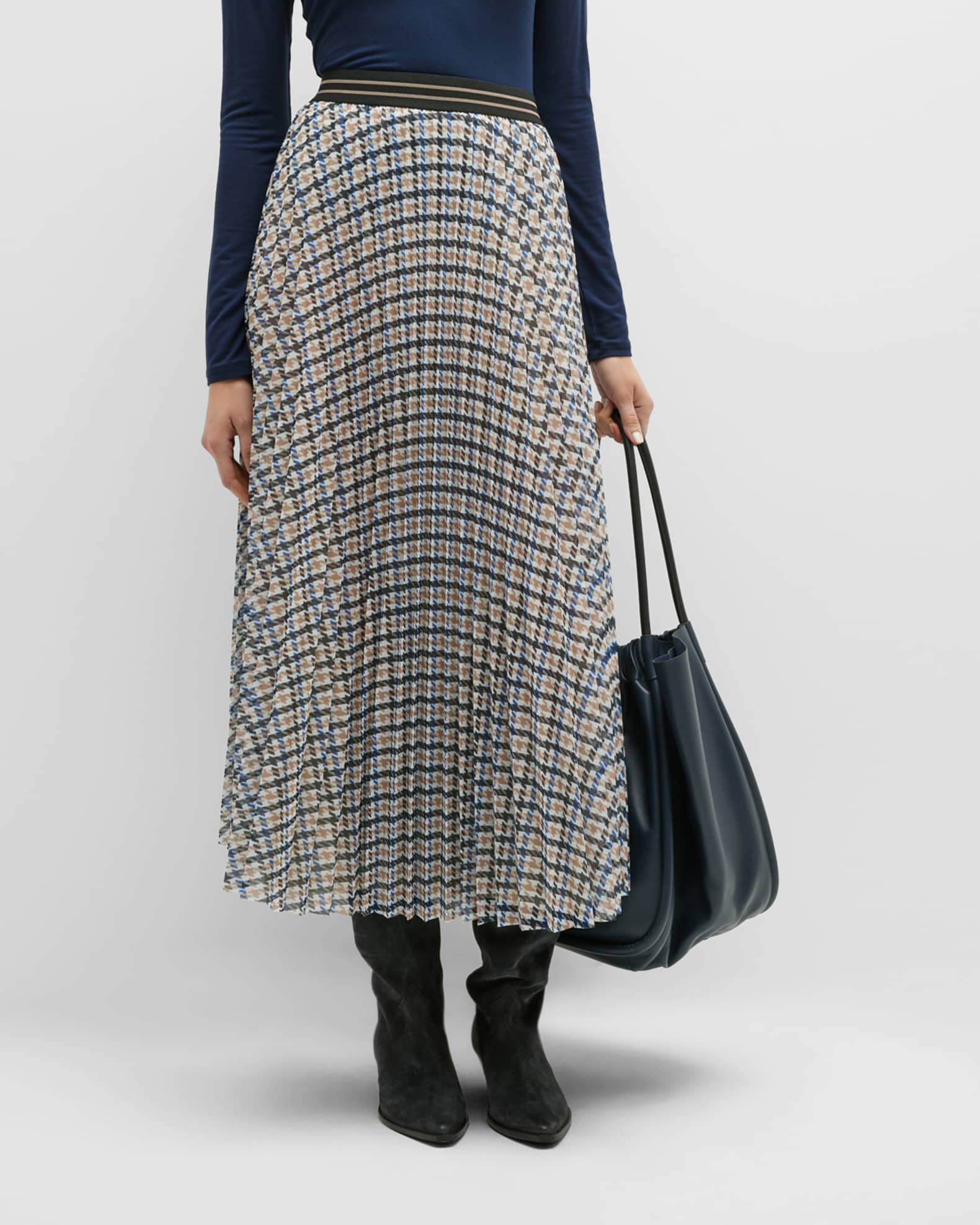 Marella Fresco Pleated Houndstooth Tulle Midi Skirt | Neiman Marcus