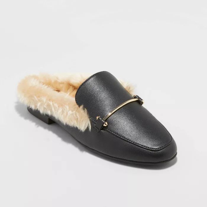 Women's Rebe Faux Leather Fur Backless Mules - A New Day™ Black | Target