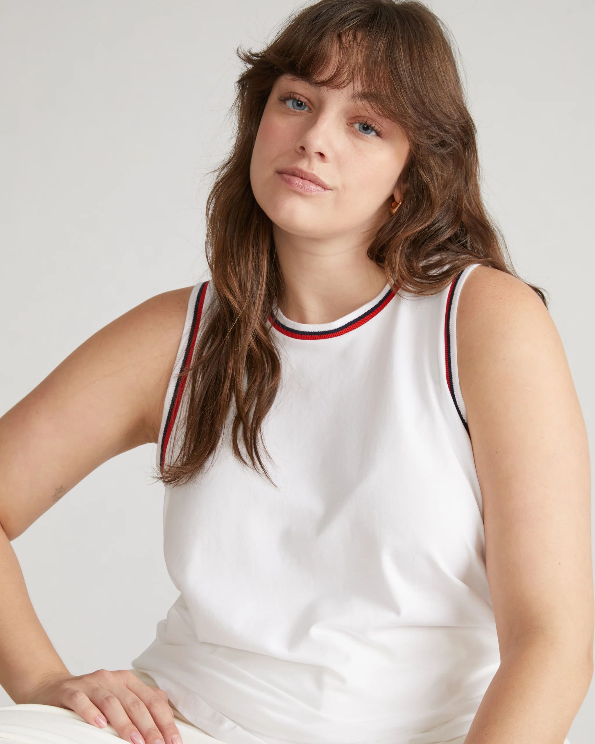 Cai High Neck Tank
   White/Striped Trim | Universal Standard