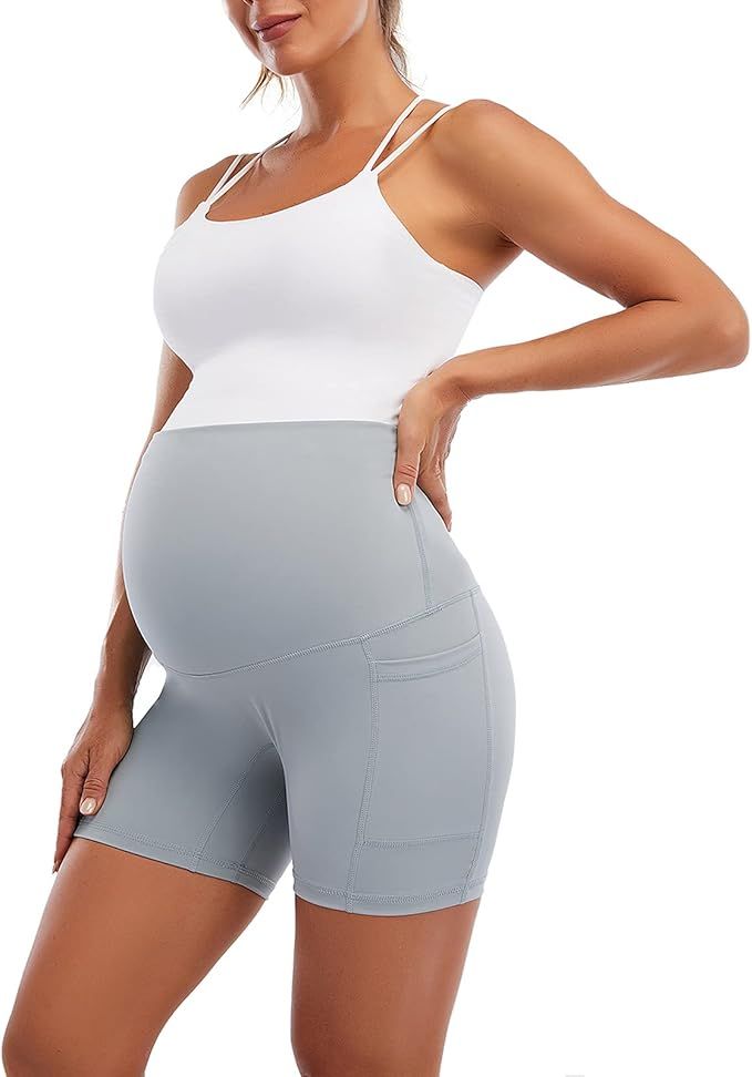 Spotential Womens Maternity Yoga Shorts Workout Running Active Short with Pockets 5" Inseam | Amazon (US)