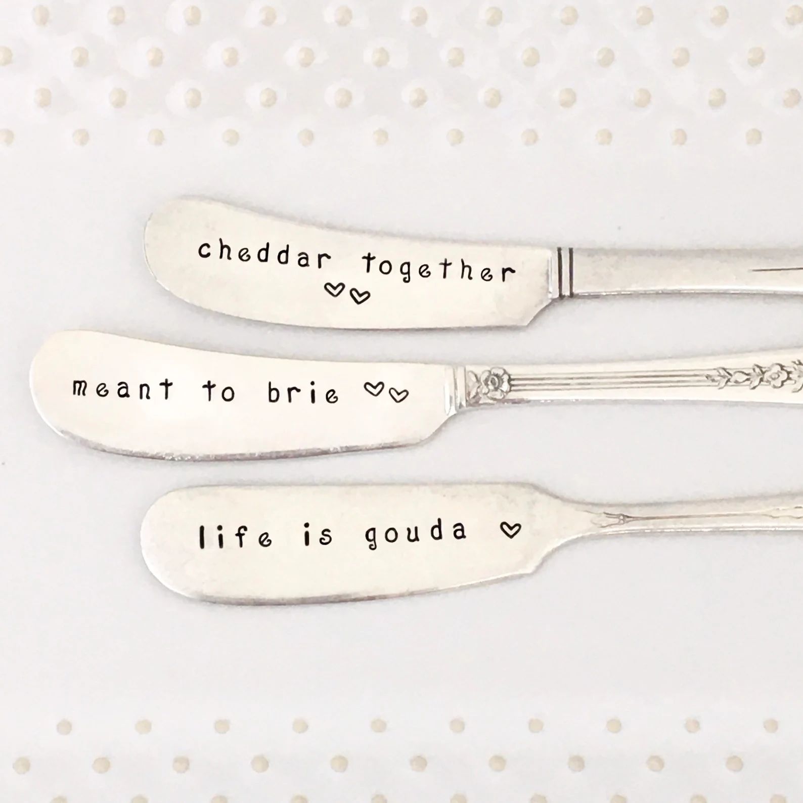 Vintage silver cheese spreaders, Cheddar Together - Meant To Brie - Life is Gouda,  hand stamped ... | Etsy (US)