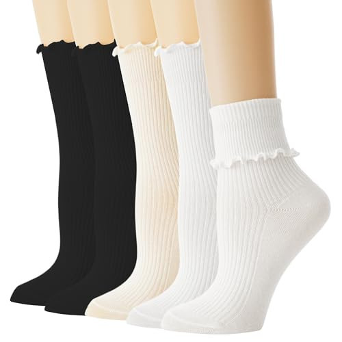 BISOUSOX Ruffle Socks Woman, White Crew Cute Frilly Ankle Lettuce Dress Socks for Women Girls Turn-Cuff Size 5 7-9 | Amazon (US)