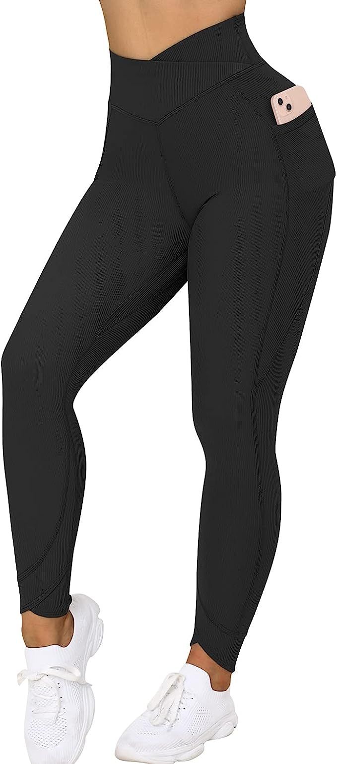 RUUHEE Women Cross Waist Wrap Leggings with Pockets High Waisted Workout Gym Yoga Pants | Amazon (US)
