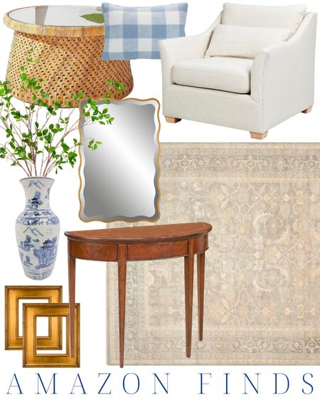grandmillennial decor | blue and white decor | classic home decor | traditional home | living room | traditional home | neutral home | southern home | southern living | demilune table | neutral rug | gingham pillow | chinoiserie | woven coffee table | scalloped mirror

#LTKhome