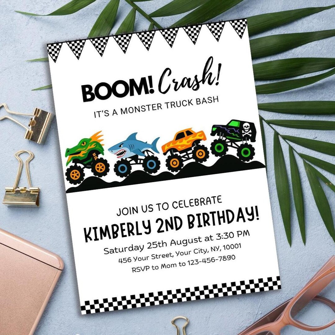 Monster Truck Birthday Invitation, Boom Crash, Monster Truck Bash, Printable Invitation, Trucks B... | Etsy (US)