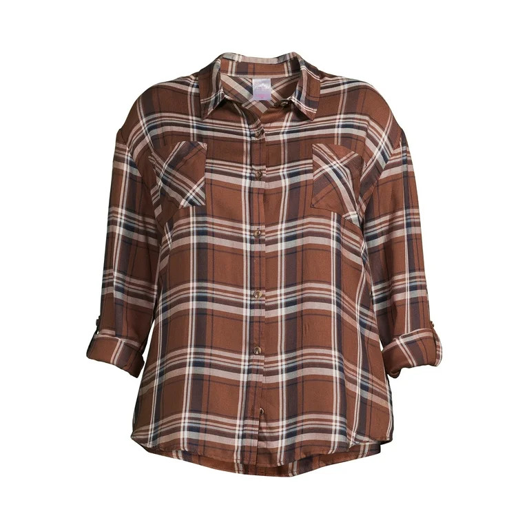 No Boundaries Juniors' Button-Front Plaid Shirt | Walmart (US)