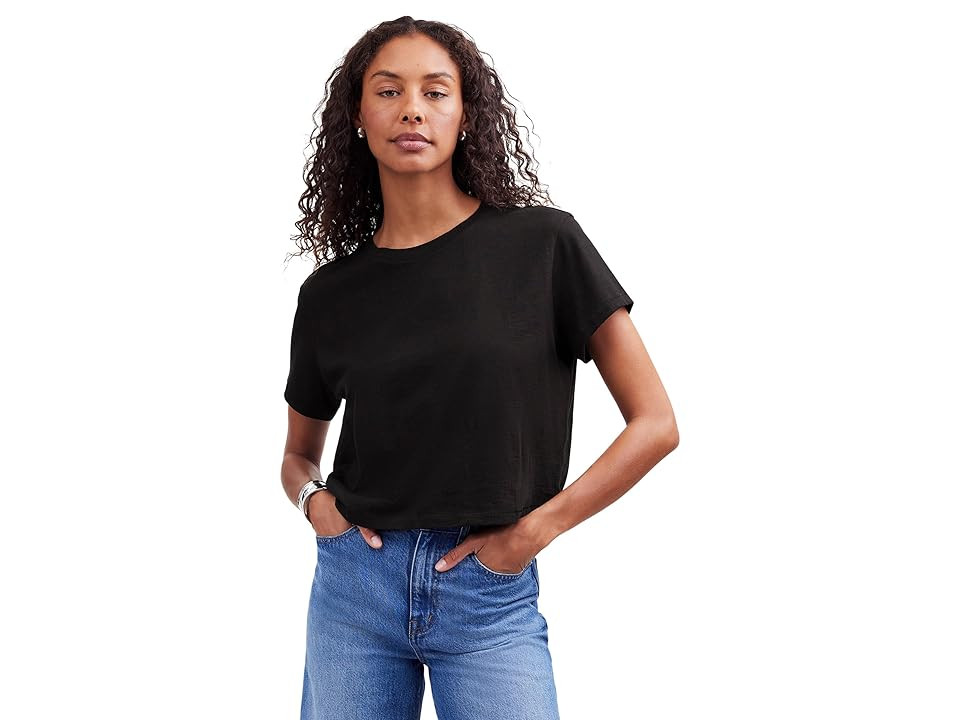 Madewell The Boxy Crop T-Shirts in Soft Slub Women's Clothing Jet Black : XL (Women's 14-16), Cotton | Zappos