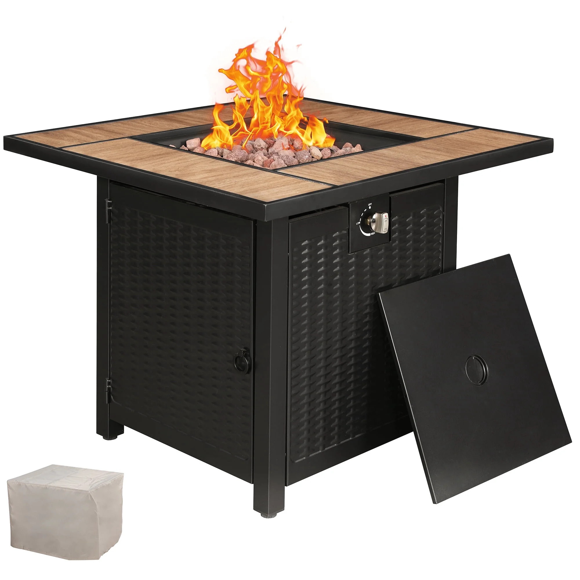 Walsunny 28" Propane Gas Fire Pit Table 50,000 BTU Square Outdoor Wicker Walnut Wood | Walmart (US)