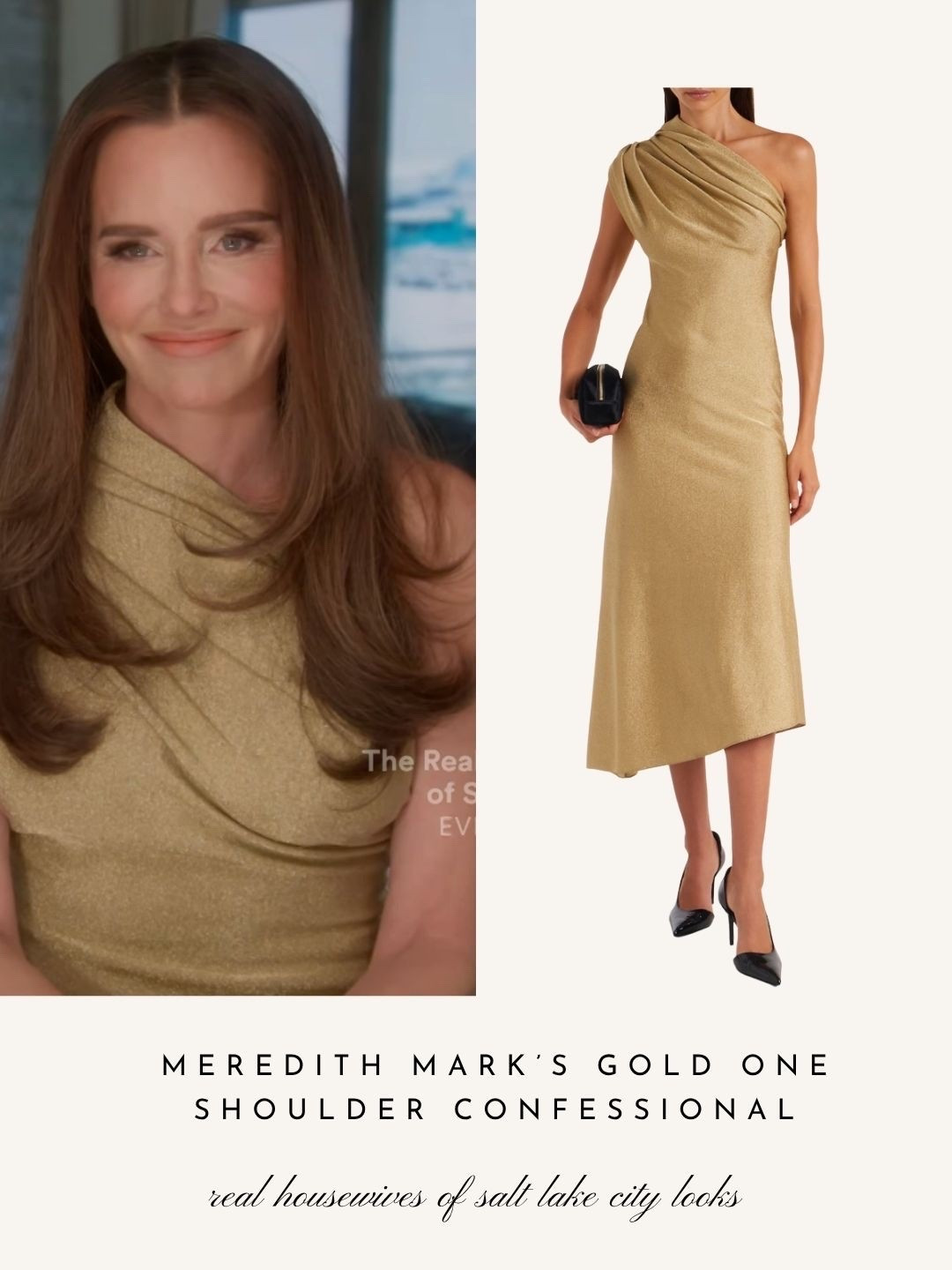 Meredith Mark’s Gold One Shoulder Dress