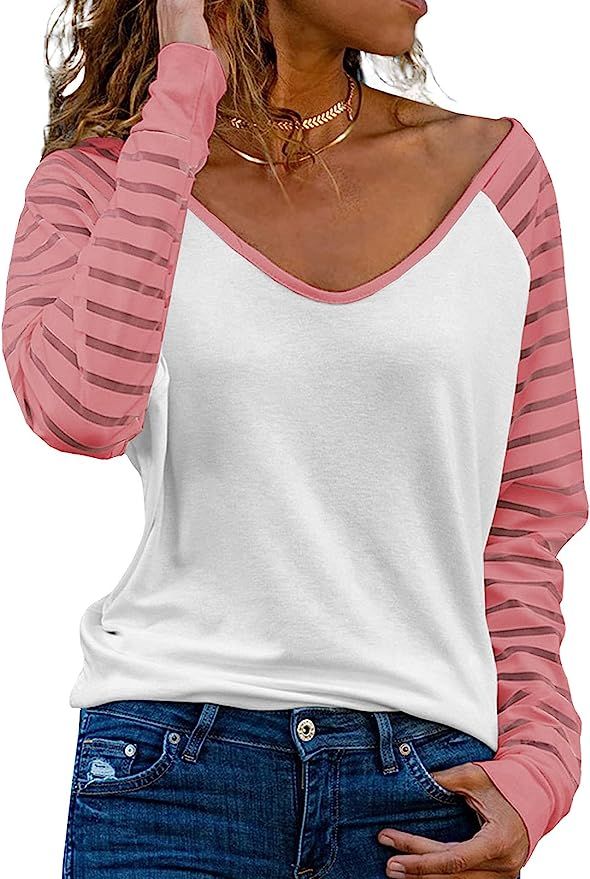 Actloe Women's Casual V Neck Tops Long Sleeve Shirts Striped Sheer Mesh Patchwork Blouses and Top... | Amazon (US)