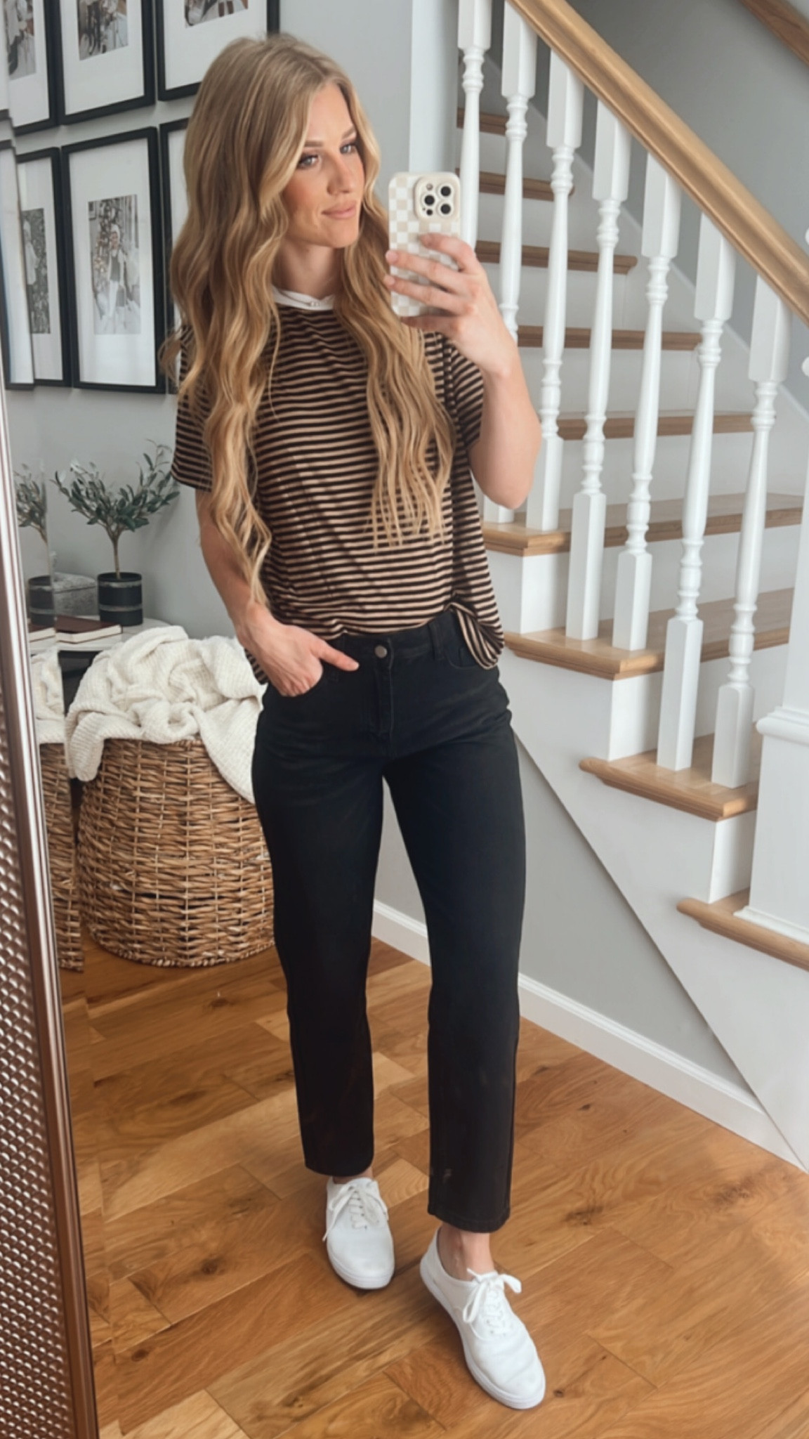 Casual everyday outfit. Black pants. Striped shirt. White shoes. Fall outfit. 

#LTKFindsUnder50 #LTKWorkwear #LTKSeasonal