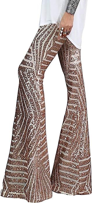 Bdcoco Womens High Waist Sequin Sparkle Flared Pants Wide Leg Bell Bottom Trousers | Amazon (US)