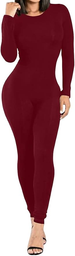 BEAGIMEG Women's Basic Long sleeve One Piece Crew Neck Romper Bodycon Jumpsuits | Amazon (US)