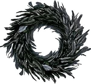MOVINPE Black Feather Wreath Halloween Wreath 14.9'' Black Natural Cocktail Feather Wreath, Hallo... | Amazon (US)