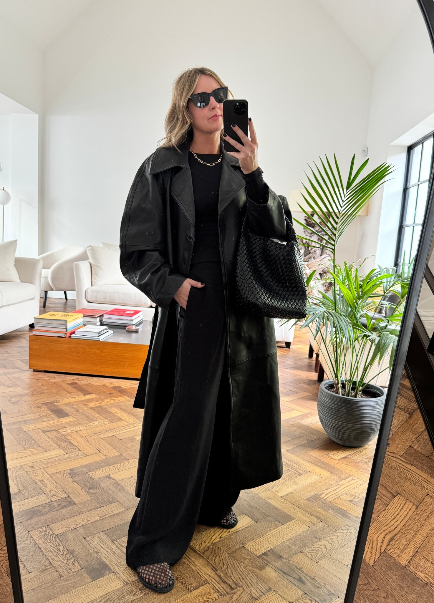 Black outfit | silk trousers | leather trench coat | mesh shoes 

#LTKstyletip #LTKspring #LTKuk