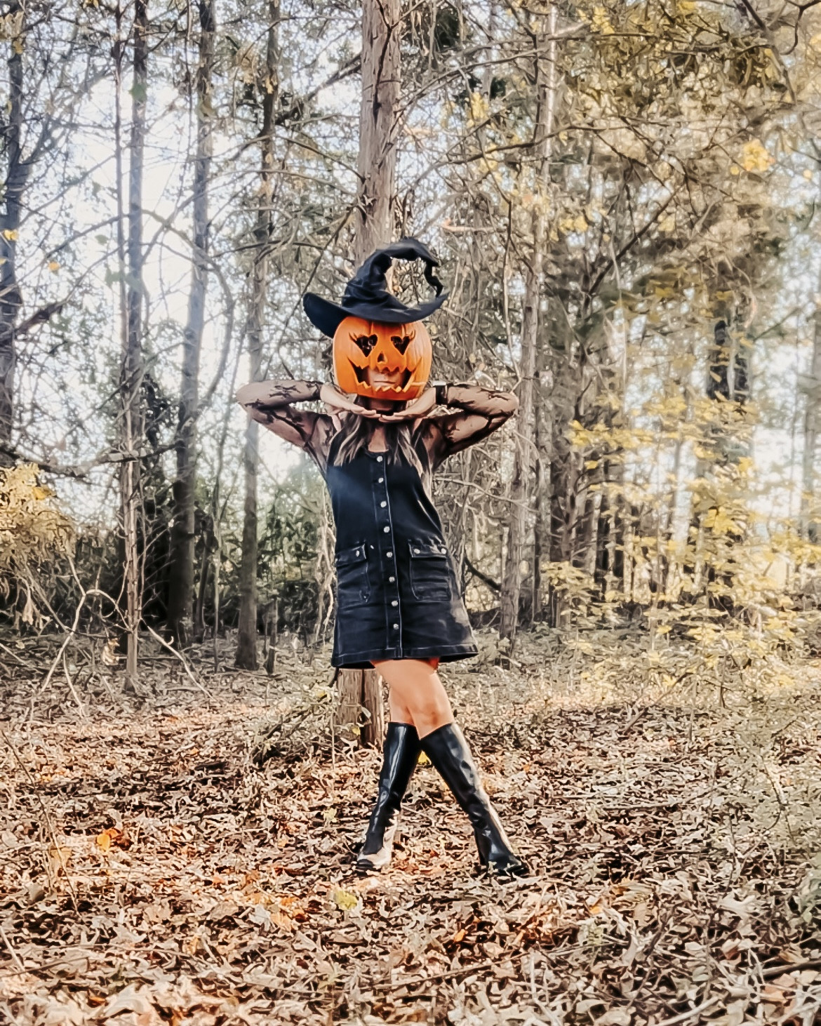 Sp🎃🎃ky Szn is upon us! 

Having the best time in the cutest outfit! Sized down to a small in the denim dress! Wearing my TTS (medium) lace shirt and size 9 in the boots 🖤

#fallootd #fallphotoshoot 

#LTKStyleTip #LTKSeasonal #LTKHalloween
