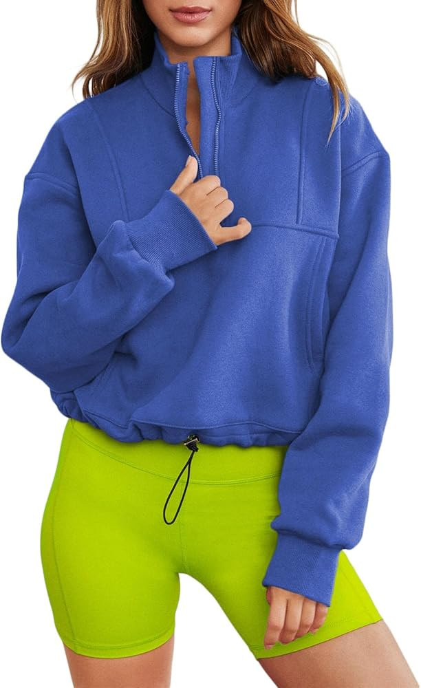 AlvaQ Women's Half Zip Crop Sweatshirt Workout Hoodie High Neck Long Sleeve Athletic Clothes | Amazon (US)