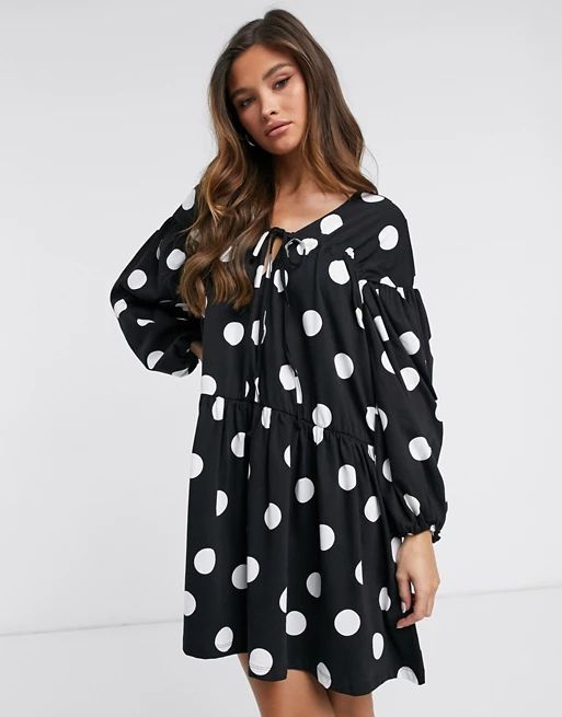 ASOS DESIGN oversized tiered smock dress in black and white polka dot | ASOS (Global)