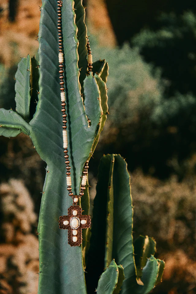 Miss Lola | Isaya Cross Statement Necklace Tan | MISS LOLA